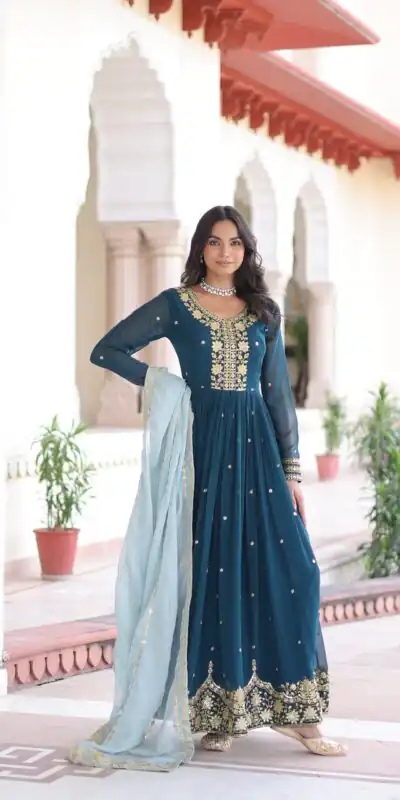 KA 1217 Peacock Blue Faux Georgette Sequence Work Gown Gown. Wedding, Party, Festive, Events Grab it for ₹2149. Delivery 4-6 Working Days. Shop now. | Gowns, Bollywood Gowns, Creative Gowns, Designer Gowns, Embroidered Gowns, Party Wear Gowns