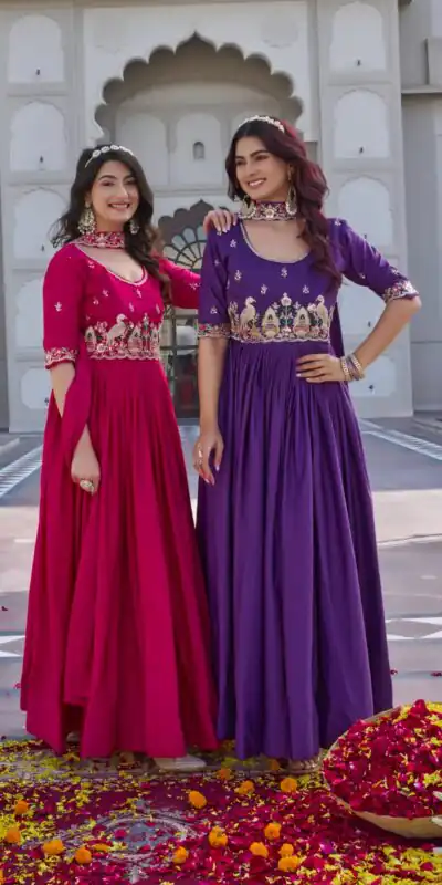 Ram 152 Pink Crap Silk Gown Perfect for Wedding, Party, Durga Puja, Temple Visit, Raksha Bandhan – . Available at ₹1899 only. Delivery 4-6 Working Days | Gowns, Bollywood Gowns, Creative Gowns, Designer Gowns, Embroidered Gowns, Party Wear Gowns