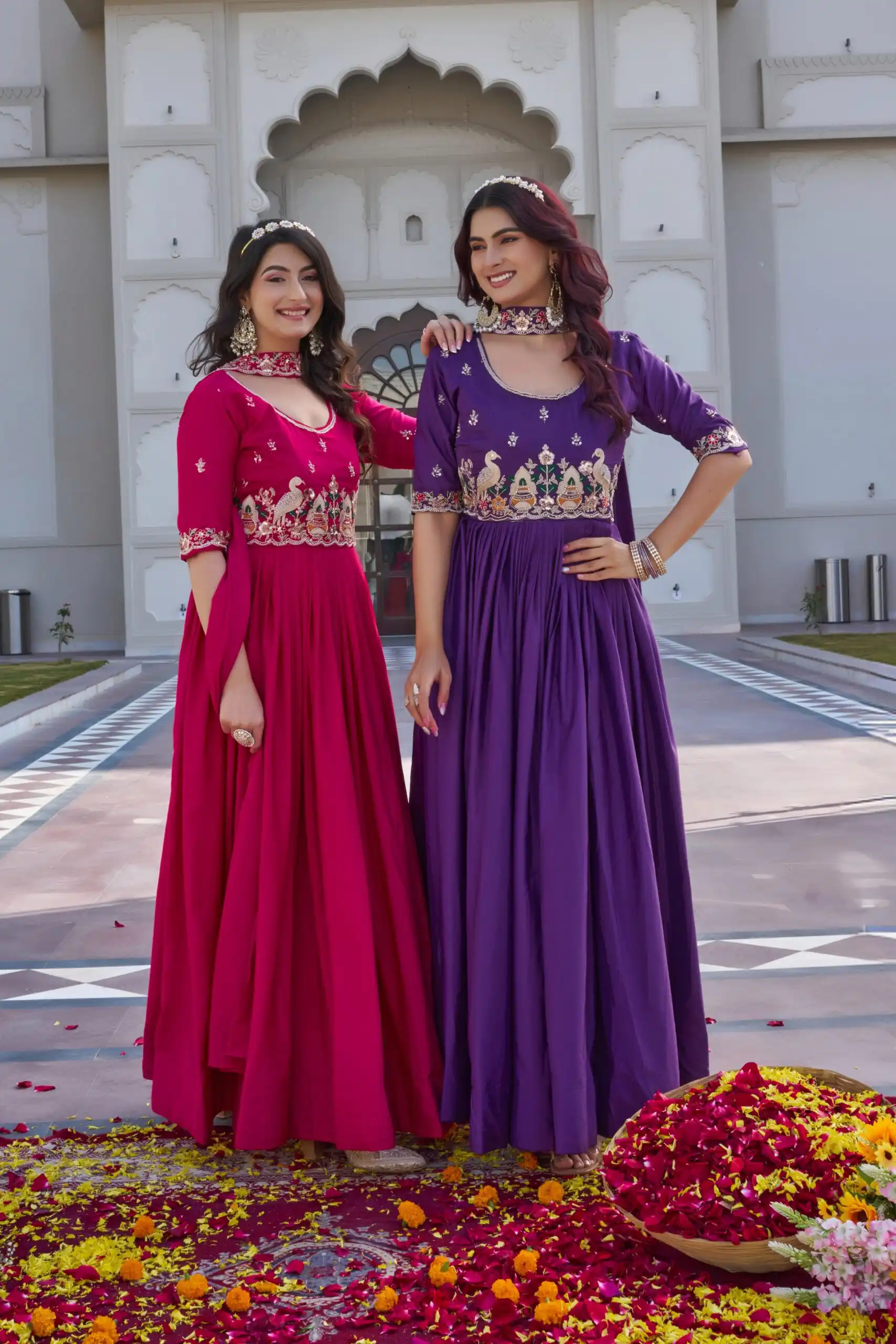 Ram 152 Pink Crap Silk Gown Perfect for Wedding, Party, Durga Puja, Temple Visit, Raksha Bandhan – . Available at ₹1899 only. Delivery 4-6 Working Days | Gowns, Bollywood Gowns, Creative Gowns, Designer Gowns, Embroidered Gowns, Party Wear Gowns