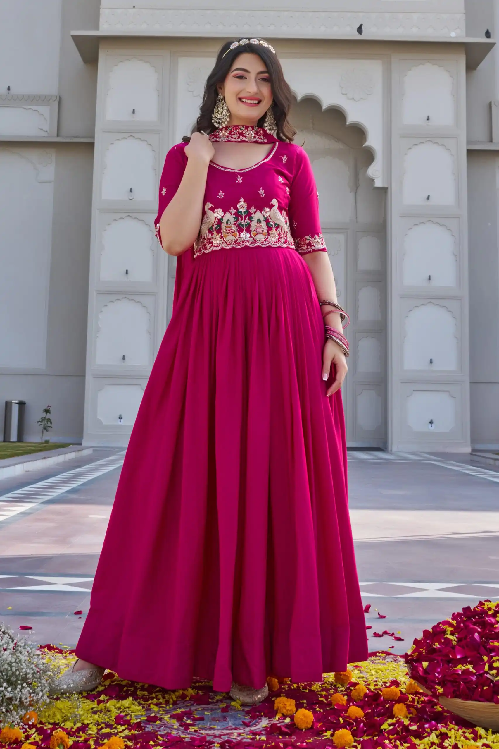 Ram 152 Pink Crap Silk Gown Perfect for Wedding, Party, Durga Puja, Temple Visit, Raksha Bandhan – . Available at ₹1899 only. Delivery 4-6 Working Days | Gowns, Bollywood Gowns, Creative Gowns, Designer Gowns, Embroidered Gowns, Party Wear Gowns
