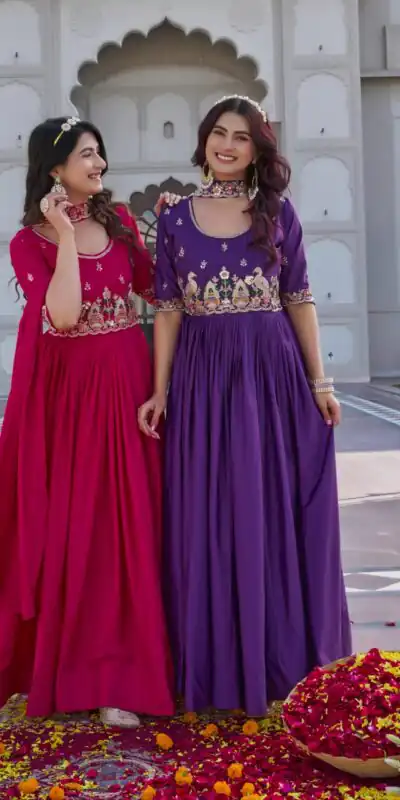 Ram 152 Pink Crap Silk Gown Perfect for Wedding, Party, Durga Puja, Temple Visit, Raksha Bandhan – . Available at ₹1899 only. Delivery 4-6 Working Days | Gowns, Bollywood Gowns, Creative Gowns, Designer Gowns, Embroidered Gowns, Party Wear Gowns