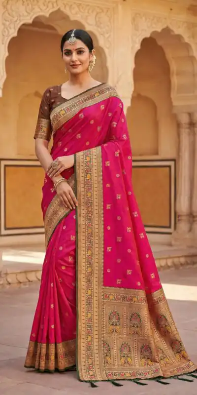 MB 18 Pink in Color Meenakari Zari Work & Lace Work Saree work. Exclusive Offer ₹2399. Delivery 4-6 Working Days. Shop now. | Designer Sarees, Sarees, Bollywood Sarees, Creative Sarees, Embroidered Sarees, Ethnic Saree, Modern Digital sarees, Party Wear Sarees