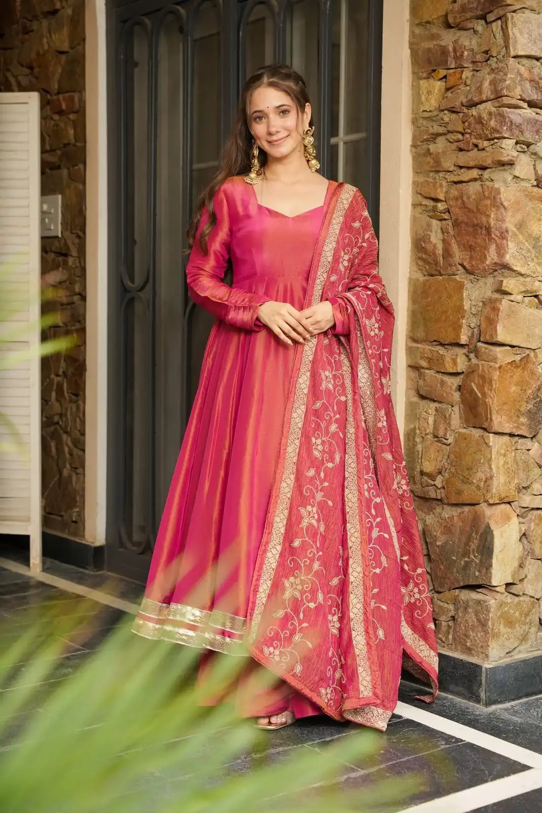 SRK 5289 Pink Roman Simmer Silk Border Work Gown. Wedding, Party, Festive, Events Grab it for ₹1649. Delivery 4-6 Working Days. Shop now. | Gowns, Bollywood Gowns, Creative Gowns, Designer Gowns, Embroidered Gowns, Party Wear Gowns