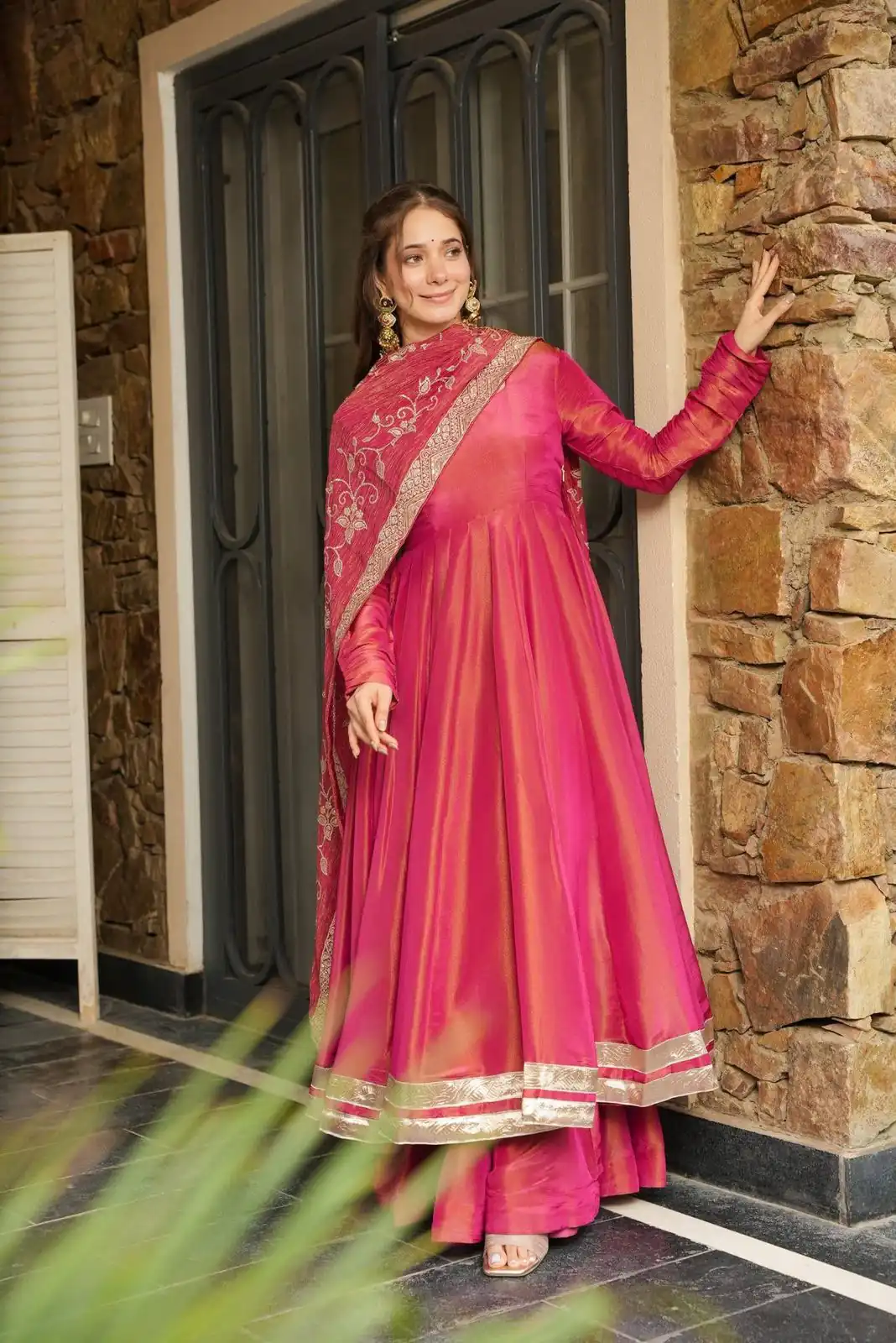 SRK 5289 Pink Roman Simmer Silk Border Work Gown. Wedding, Party, Festive, Events Grab it for ₹1649. Delivery 4-6 Working Days. Shop now. | Gowns, Bollywood Gowns, Creative Gowns, Designer Gowns, Embroidered Gowns, Party Wear Gowns
