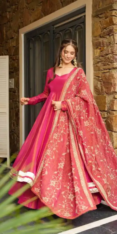 SRK 5289 Pink Roman Simmer Silk Border Work Gown. Wedding, Party, Festive, Events Grab it for ₹1649. Delivery 4-6 Working Days. Shop now. | Gowns, Bollywood Gowns, Creative Gowns, Designer Gowns, Embroidered Gowns, Party Wear Gowns