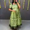 MF 666 Pista Malai Satin Gown with Digital Print & Kalamkari Print. Now at just ₹1499. Delivery 4-6 Working Days. Shop now. | Gowns, Bollywood Gowns, Creative Gowns, Designer Gowns, Embroidered Gowns, Party Wear Gowns