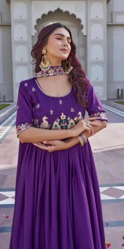 Ram 152 Purple Crap Silk Gown Perfect for Wedding, Party, Durga Puja, Temple Visit, Raksha Bandhan – . Available at ₹1899 only. Delivery 4-6 Working Days | Gowns, Bollywood Gowns, Creative Gowns, Designer Gowns, Embroidered Gowns, Party Wear Gowns