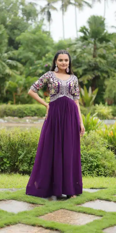 KA 1110 Purple Faux Blooming Gown Perfect for Wedding, Party, Holi, Lohri, Baby Shower – . Introductory Price ₹1649. Delivery 4-6 Working Days. Shop no | Gowns, Bollywood Gowns, Creative Gowns, Designer Gowns, Embroidered Gowns, Party Wear Gowns