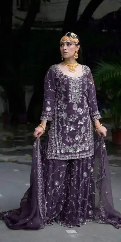 VLM 226 Purple Fox Georgette with Embroidery Work & Lace Work Salwar Suit . Festive Deal ₹2499. Delivery 4-6 Working Days. Shop now. | Jump Suits, Salwar suit, Casual Suits, Creative suits, Designer Suits, Palazzo Suits, Party Wear Suits, Patiala Suits, Straight Suits