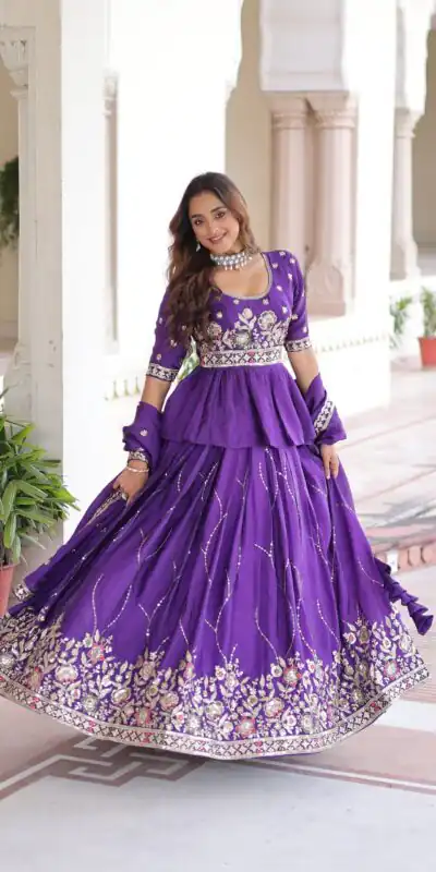 KA 5059 Purple in Gold Crush. Embroidery Work & Zari Work Lehenga Choli Available at ₹2999 only. Delivery 4-6 Working Days. Shop now. | Lehenga, Bollywood Lehenga, Creative Lehenga, Designer Lehenga, Embroidered Lehenga, Party Wear Lehenga