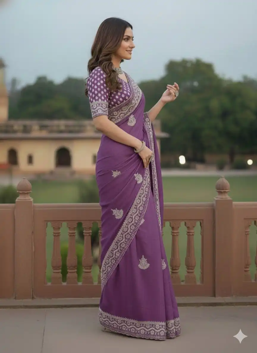 JR 654 Purple Color Soft Gold Crush Saree with Embroidery Work. Affordable Price ₹2049. Delivery 4-6 Working Days. Shop now. | Designer Sarees, Sarees, Bollywood Sarees, Creative Sarees, Embroidered Sarees, Ethnic Saree, Modern Digital sarees, Party Wear Sarees