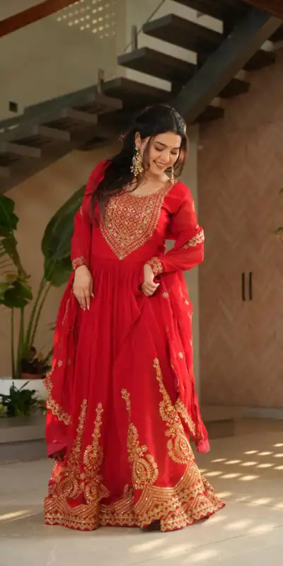 KA 1162 Red Faux Blooming Gown with Embroidery Work & Zari Work. Available at ₹2649 only. Delivery 4-6 Working Days. Shop now. | Gowns, Bollywood Gowns, Creative Gowns, Designer Gowns, Embroidered Gowns, Party Wear Gowns