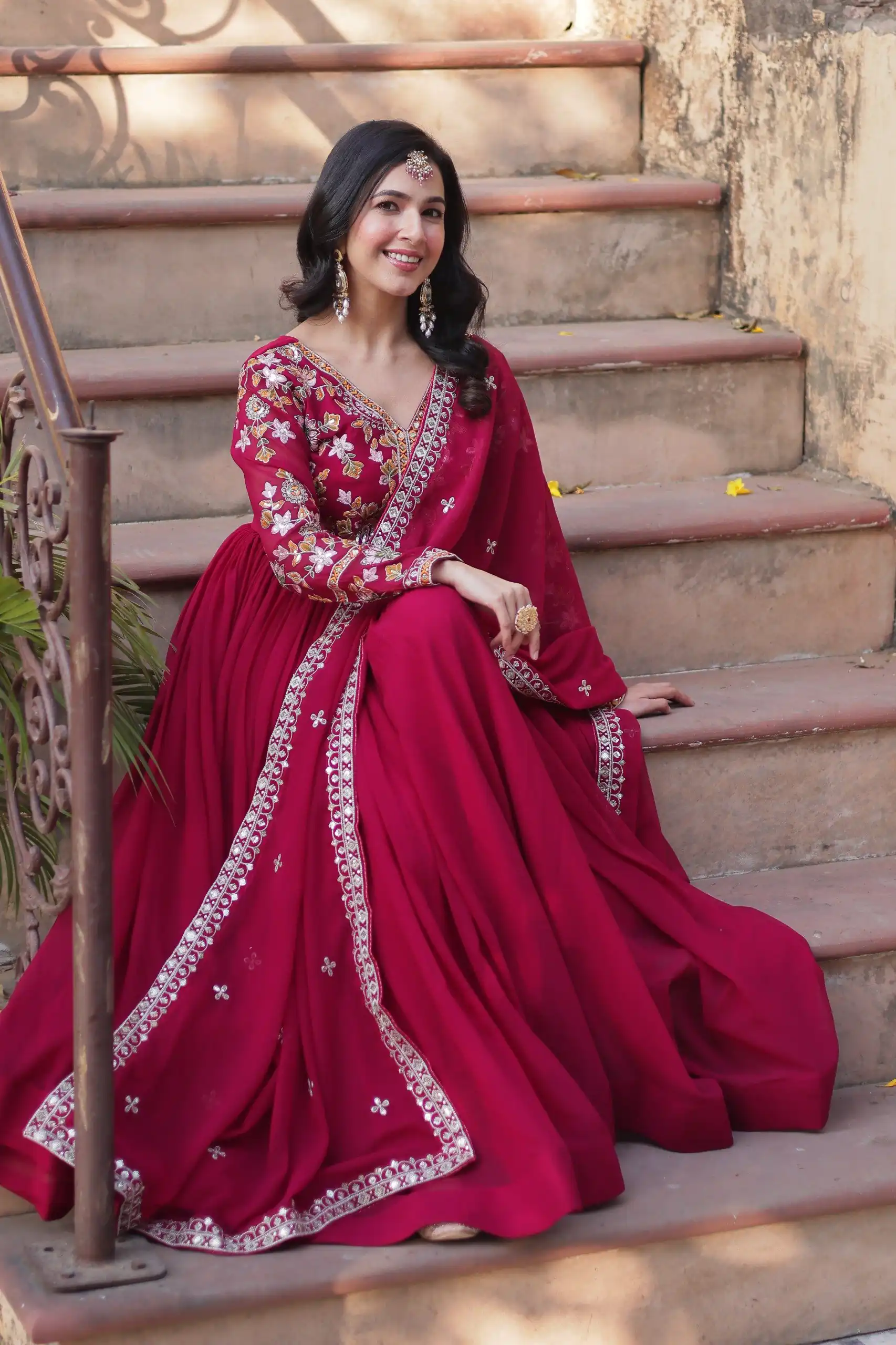 KA 1147 Red Faux Blooming Gown with Embroidery Work & Zari Work. Affordable Price ₹2049. Delivery 4-6 Working Days. Shop now. | Gowns, Bollywood Gowns, Creative Gowns, Designer Gowns, Embroidered Gowns, Party Wear Gowns