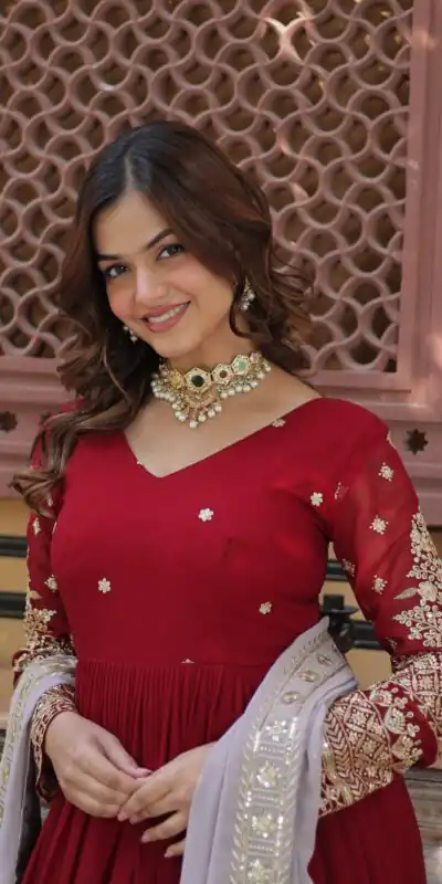 KA 1148 Red Color Faux Blooming Gown with Zari Work & Embroidery Work. Grab it for ₹1899. Delivery 4-6 Working Days. Shop now. | Gowns, Bollywood Gowns, Creative Gowns, Designer Gowns, Embroidered Gowns, Party Wear Gowns