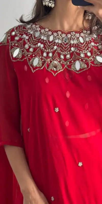 ST 1157 Red in Faux Georgette Mirror Work & Embroidery Work Saree. Festive Deal ₹1899. Delivery 4-6 Working Days. Shop now. | Designer Sarees, Sarees, Bollywood Sarees, Creative Sarees, Embroidered Sarees, Ethnic Saree, Modern Digital sarees, Party Wear Sarees