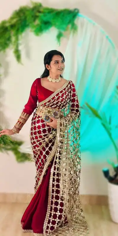 SRK 5322 Red Fendy Silk Saree with Lace Work & Mirror Work. Wedding, Party, Festive, Events, Festive Deal ₹2499. Delivery 4-6 Working Days. Shop now. | Designer Sarees, Sarees, Bollywood Sarees, Creative Sarees, Embroidered Sarees, Ethnic Saree, Modern Digital sarees, Party Wear Sarees