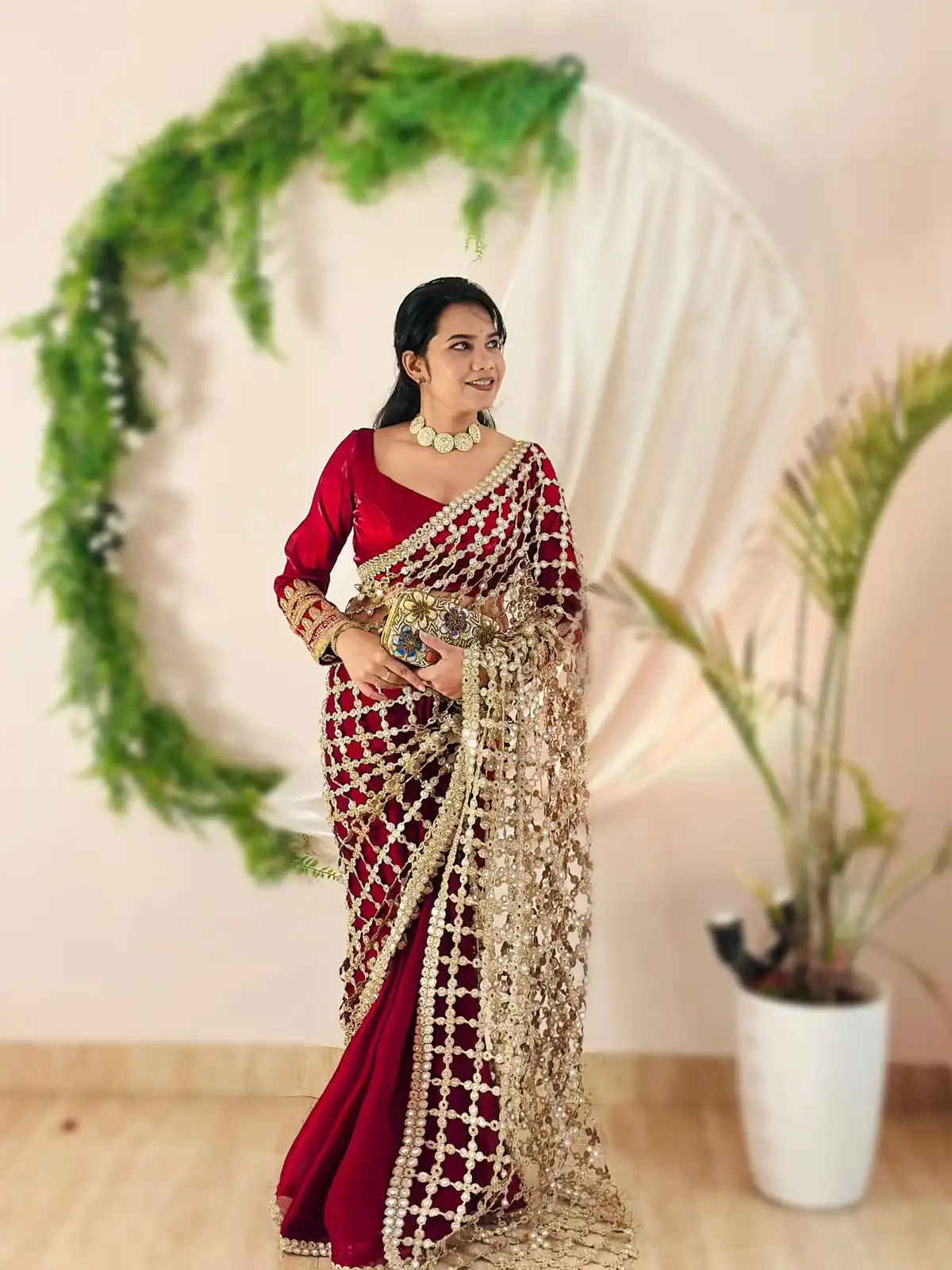 SRK 5322 Red Fendy Silk Saree with Lace Work & Mirror Work. Wedding, Party, Festive, Events, Festive Deal ₹2499. Delivery 4-6 Working Days. Shop now. | Designer Sarees, Sarees, Bollywood Sarees, Creative Sarees, Embroidered Sarees, Ethnic Saree, Modern Digital sarees, Party Wear Sarees