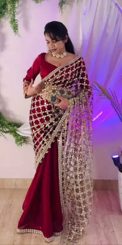 SRK 5322 Red Fendy Silk Saree with Lace Work & Mirror Work. Wedding, Party, Festive, Events, Festive Deal ₹2499. Delivery 4-6 Working Days. Shop now. | Designer Sarees, Sarees, Bollywood Sarees, Creative Sarees, Embroidered Sarees, Ethnic Saree, Modern Digital sarees, Party Wear Sarees