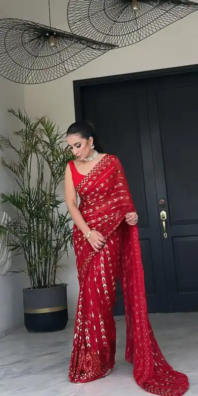 JR 635 Red Color Georgette Saree with Lace Work & Embroidery Work. Exclusive Offer ₹1949. Delivery 4-6 Working Days. Shop now. | Designer Sarees, Sarees, Bollywood Sarees, Creative Sarees, Embroidered Sarees, Ethnic Saree, Modern Digital sarees, Party Wear Sarees