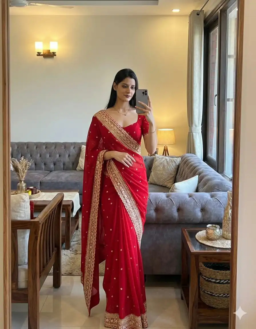 NC 5544 Red Color with Sequins & Embroidery Work Georgette Saree . Festive Deal ₹1949. Delivery 4-6 Working Days. Shop now. | Designer Sarees, Sarees, Bollywood Sarees, Creative Sarees, Embroidered Sarees, Ethnic Saree, Modern Digital sarees, Party Wear Sarees
