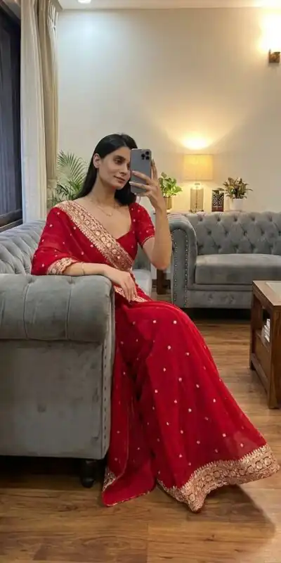 NC 5544 Red Color with Sequins & Embroidery Work Georgette Saree . Festive Deal ₹1949. Delivery 4-6 Working Days. Shop now. | Designer Sarees, Sarees, Bollywood Sarees, Creative Sarees, Embroidered Sarees, Ethnic Saree, Modern Digital sarees, Party Wear Sarees
