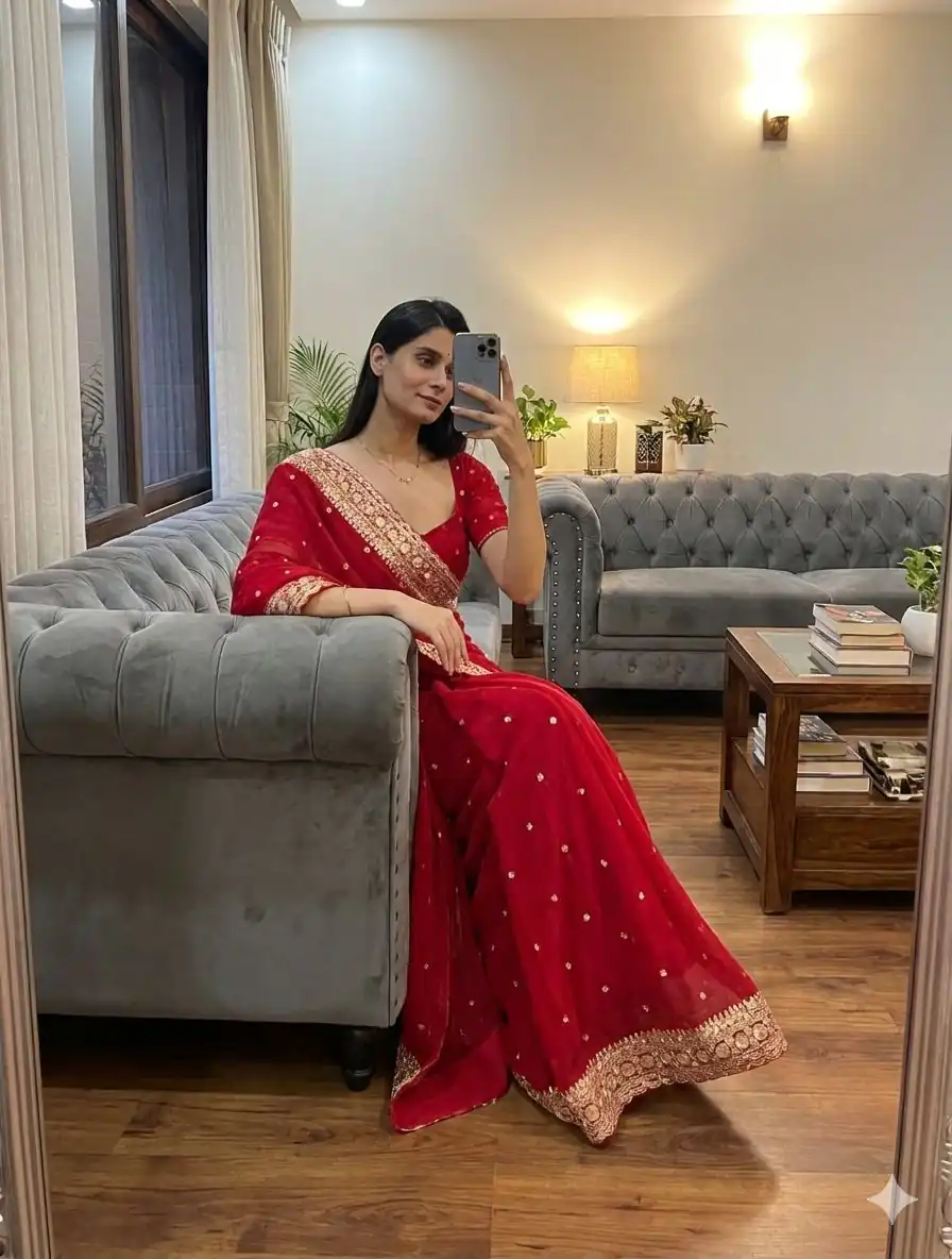 NC 5544 Red Color with Sequins & Embroidery Work Georgette Saree . Festive Deal ₹1949. Delivery 4-6 Working Days. Shop now. | Designer Sarees, Sarees, Bollywood Sarees, Creative Sarees, Embroidered Sarees, Ethnic Saree, Modern Digital sarees, Party Wear Sarees