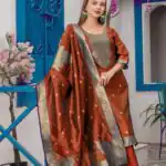 MF 111 Rust Chanderi Jacquard Salwar Suit with Zari Work. Best Price ₹1499. Wedding, Party, Festive, Events Delivery 4-6 Working Days. Shop now. | Jump Suits, Tops & Bottoms, Track Suits, Salwar suit, Casual Suits, Creative suits, Designer Suits, Palazzo Suits, Party Wear Suits, Patiala Suits, Straight Suits, Trendy Wear