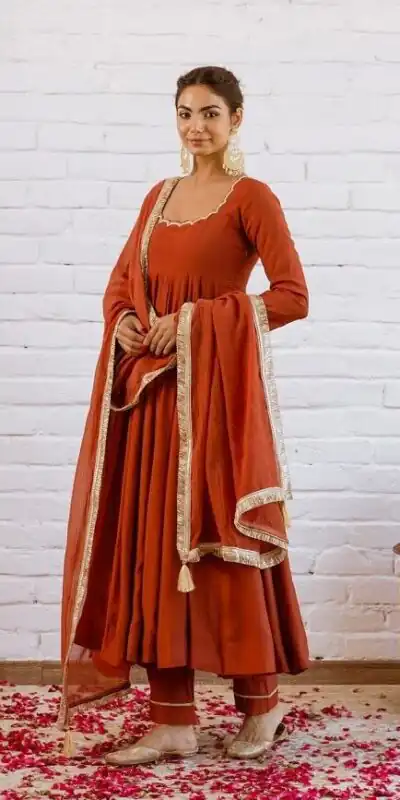 SRk 5324 Rust Color Vichitra silk Gown with Bead Work & Lace Work. Now at just ₹1849. Delivery 4-6 Working Days. Shop now. | Gowns, Bollywood Gowns, Creative Gowns, Designer Gowns, Embroidered Gowns, Party Wear Gowns