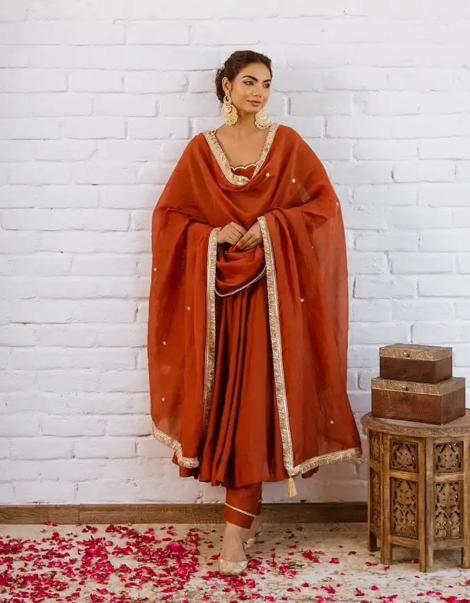 SRk 5324 Rust Color Vichitra silk Gown with Bead Work & Lace Work. Now at just ₹1849. Delivery 4-6 Working Days. Shop now. | Gowns, Bollywood Gowns, Creative Gowns, Designer Gowns, Embroidered Gowns, Party Wear Gowns