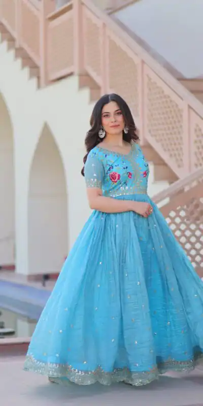KA 1171 Sky Blue in Gold Crush Zari Work & Embroidery Work Gown . Affordable Price ₹1799. Delivery 4-6 Working Days. Shop now. | Gowns, Bollywood Gowns, Creative Gowns, Designer Gowns, Embroidered Gowns, Party Wear Gowns