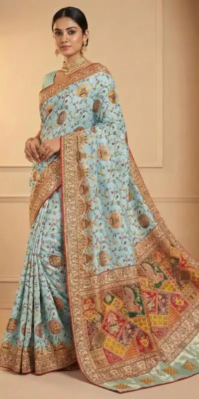 MS 547 Sky Blue with Lace Work & Zari Work. Soft Pashmina Saree Exclusive Offer ₹2999. Delivery 4-6 Working Days. Shop now. | Designer Sarees, Sarees, Bollywood Sarees, Creative Sarees, Embroidered Sarees, Ethnic Saree, Modern Digital sarees, Party Wear Sarees