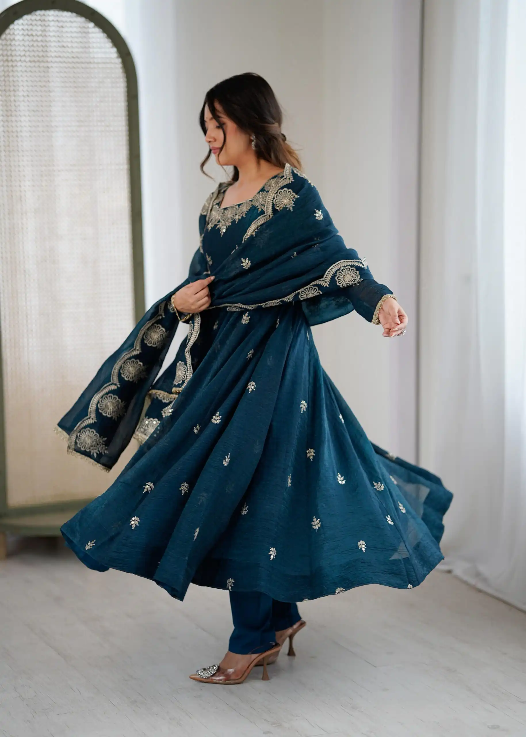 ZF 5011 Teal Crunchy Silk Gown with Embroidery Work. Wedding, Party, Festive, Events Best Price ₹2099. Delivery 4-6 Working Days. Shop now. | Gowns, Bollywood Gowns, Creative Gowns, Designer Gowns, Embroidered Gowns, Party Wear Gowns