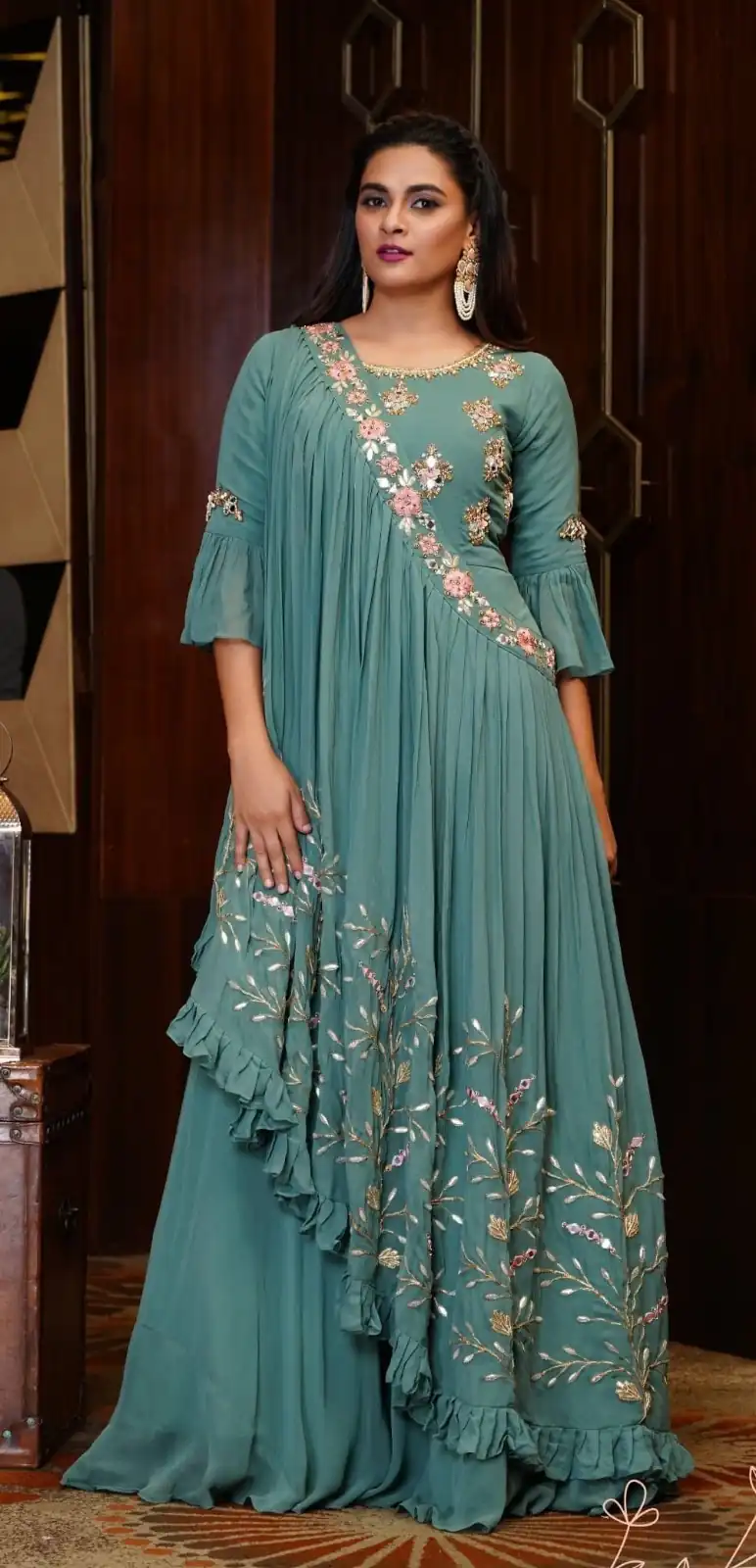 KT 190 Teal in Georgette. Mirror Work & Lace Work Gown Wedding, Party, Festive, Events, Now at just ₹1949. Delivery 4-6 Working Days. Shop now. | Gowns, Bollywood Gowns, Creative Gowns, Designer Gowns, Embroidered Gowns, Party Wear Gowns