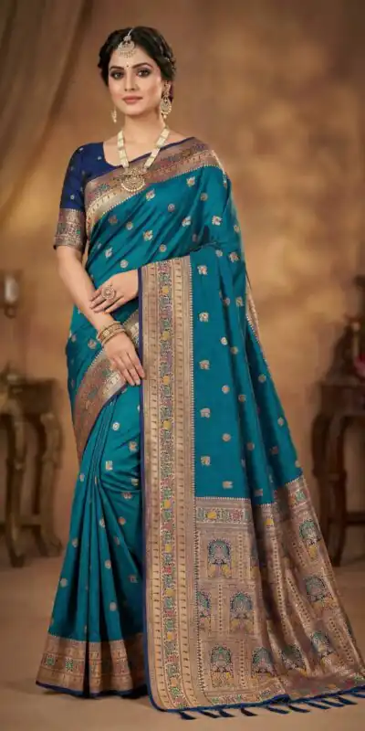 MB 18 Teal in Color Meenakari Zari Work & Lace Work Saree work. Exclusive Offer ₹2399. Delivery 4-6 Working Days. Shop now. | Designer Sarees, Sarees, Bollywood Sarees, Creative Sarees, Embroidered Sarees, Ethnic Saree, Modern Digital sarees, Party Wear Sarees