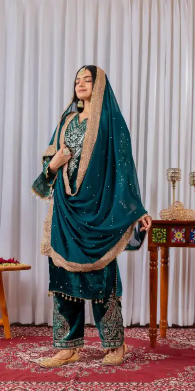 AD 134 Teal Color Heavy Pure Viscose Velvet Embroidery Sharara Suit Wedding, Party, Festive, Events Etc. Expected Delivery  4-6 Working Days @2099/- | Jump Suits, Salwar suit, Casual Suits, Creative suits, Designer Suits, Palazzo Suits, Party Wear Suits, Patiala Suits, Straight Suits