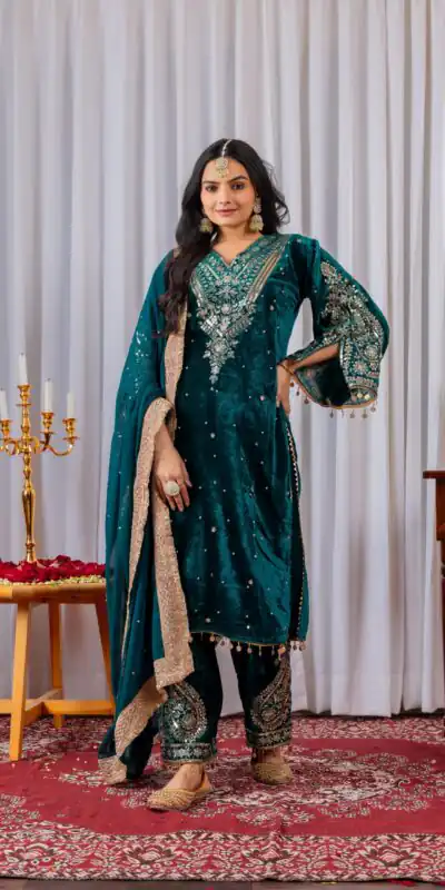 AD 134 Teal Color Heavy Pure Viscose Velvet Embroidery Sharara Suit Wedding, Party, Festive, Events Etc. Expected Delivery  4-6 Working Days @2099/- | Jump Suits, Salwar suit, Casual Suits, Creative suits, Designer Suits, Palazzo Suits, Party Wear Suits, Patiala Suits, Straight Suits