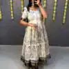 MF 666 White Malai Satin Gown with Digital Print & Kalamkari Print. Now at just ₹1499. Delivery 4-6 Working Days. Shop now. | Gowns, Bollywood Gowns, Creative Gowns, Designer Gowns, Embroidered Gowns, Party Wear Gowns