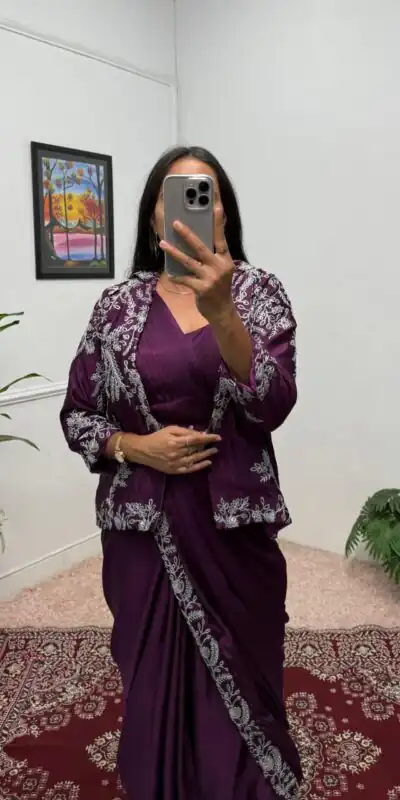 ST 1090 Wine Color Chinon Saree with Embroidery Work & Lace Work. Now at just ₹2099. Delivery 4-6 Working Days. Shop now. | Designer Sarees, Sarees, Bollywood Sarees, Creative Sarees, Embroidered Sarees, Ethnic Saree, Modern Digital sarees, Party Wear Sarees