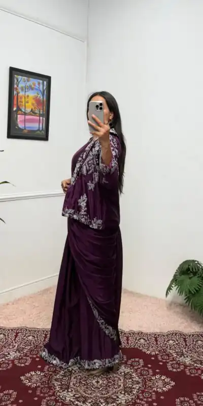 ST 1090 Wine Color Chinon Saree with Embroidery Work & Lace Work. Now at just ₹2099. Delivery 4-6 Working Days. Shop now. | Designer Sarees, Sarees, Bollywood Sarees, Creative Sarees, Embroidered Sarees, Ethnic Saree, Modern Digital sarees, Party Wear Sarees