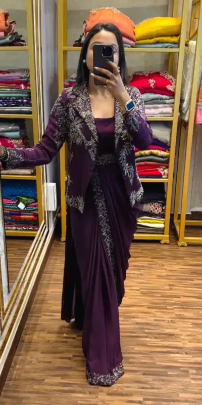 ST 1090 Wine Color Chinon Saree with Embroidery Work & Lace Work. Now at just ₹2099. Delivery 4-6 Working Days. Shop now. | Designer Sarees, Sarees, Bollywood Sarees, Creative Sarees, Embroidered Sarees, Ethnic Saree, Modern Digital sarees, Party Wear Sarees