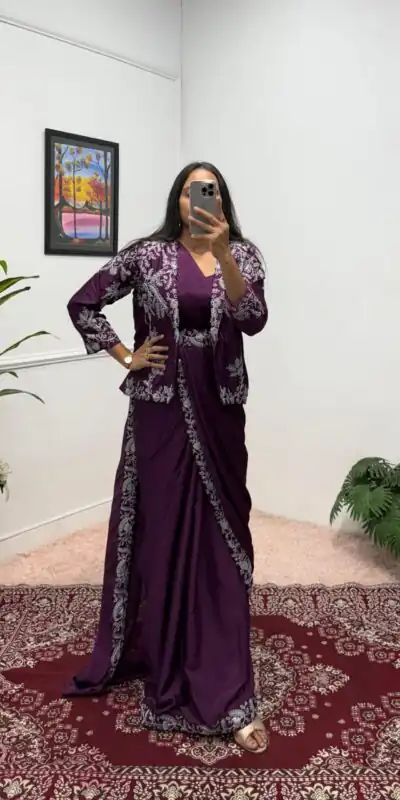 ST 1090 Wine Color Chinon Saree with Embroidery Work & Lace Work. Now at just ₹2099. Delivery 4-6 Working Days. Shop now. | Designer Sarees, Sarees, Bollywood Sarees, Creative Sarees, Embroidered Sarees, Ethnic Saree, Modern Digital sarees, Party Wear Sarees