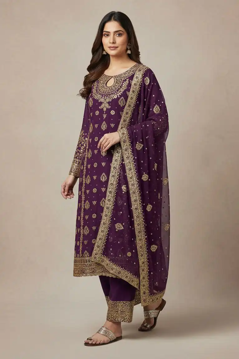 SRK 5231 Wine Color Pure Chinon Silk With Embroidery Sequence Work Salwar Suit Casual, Wedding, Party, Festive, Events Etc.4-6 Working Days@ 2699/-only | Jump Suits, Salwar suit, Casual Suits, Creative suits, Designer Suits, Palazzo Suits, Party Wear Suits, Patiala Suits, Straight Suits