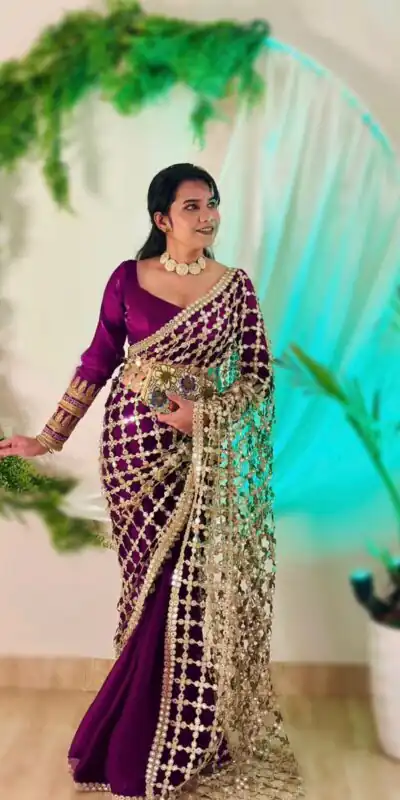 SRK 5322 Wine Fendy Silk Saree with Lace Work & Mirror Work. Wedding, Party, Festive, Events, Festive Deal ₹2499. Delivery 4-6 Working Days. Shop now. | Designer Sarees, Sarees, Bollywood Sarees, Creative Sarees, Embroidered Sarees, Ethnic Saree, Modern Digital sarees, Party Wear Sarees