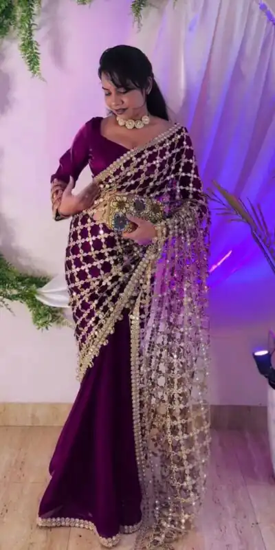 SRK 5322 Wine Fendy Silk Saree with Lace Work & Mirror Work. Wedding, Party, Festive, Events, Festive Deal ₹2499. Delivery 4-6 Working Days. Shop now. | Designer Sarees, Sarees, Bollywood Sarees, Creative Sarees, Embroidered Sarees, Ethnic Saree, Modern Digital sarees, Party Wear Sarees