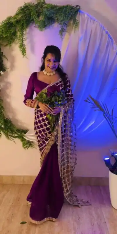 SRK 5322 Wine Fendy Silk Saree with Lace Work & Mirror Work. Wedding, Party, Festive, Events, Festive Deal ₹2499. Delivery 4-6 Working Days. Shop now. | Designer Sarees, Sarees, Bollywood Sarees, Creative Sarees, Embroidered Sarees, Ethnic Saree, Modern Digital sarees, Party Wear Sarees