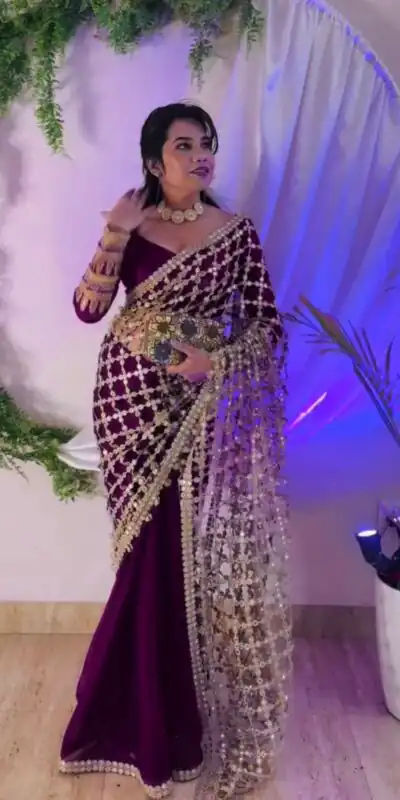 SRK 5322 Wine Fendy Silk Saree with Lace Work & Mirror Work. Wedding, Party, Festive, Events, Festive Deal ₹2499. Delivery 4-6 Working Days. Shop now. | Designer Sarees, Sarees, Bollywood Sarees, Creative Sarees, Embroidered Sarees, Ethnic Saree, Modern Digital sarees, Party Wear Sarees