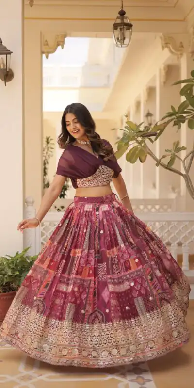 KA 5032 Wine Lehenga Choli Perfect for Wedding, Party, Temple Visit, Anniversary, Haldi – Best Price ₹3149. Delivery 4-6 Working Days. Shop now. | Lehenga, Bollywood Lehenga, Creative Lehenga, Designer Lehenga, Embroidered Lehenga, Party Wear Lehenga