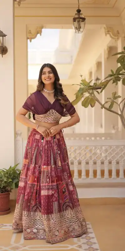 KA 5032 Wine Lehenga Choli Perfect for Wedding, Party, Temple Visit, Anniversary, Haldi – Best Price ₹3149. Delivery 4-6 Working Days. Shop now. | Lehenga, Bollywood Lehenga, Creative Lehenga, Designer Lehenga, Embroidered Lehenga, Party Wear Lehenga