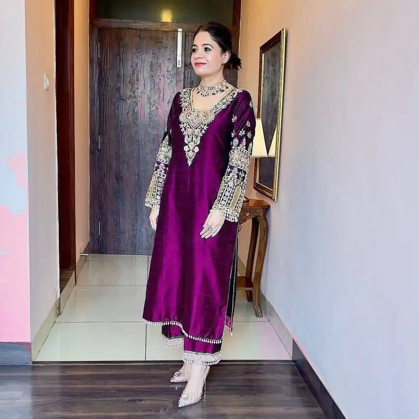 ST 170 Wine Cowrie Work & Embroidery Work Salwar Suit in Wine Vichitra Silk. Grab it for ₹2049. Delivery 4-6 Working Days. Shop now. | Jump Suits, Salwar suit, Casual Suits, Creative suits, Designer Suits, Palazzo Suits, Party Wear Suits, Patiala Suits, Straight Suits