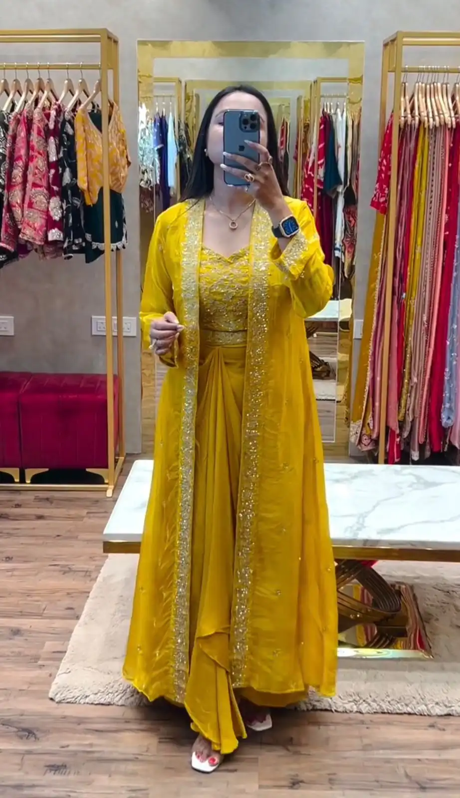 BB 56 Yellow Chinon Silk Dhoti Suit with Embroidery Work & Sequins Work. Grab it for ₹1899. Delivery 4-6 Working Days. Shop now. | Jump Suits, Salwar suit, Casual Suits, Creative suits, Designer Suits, Palazzo Suits, Party Wear Suits, Patiala Suits, Straight Suits